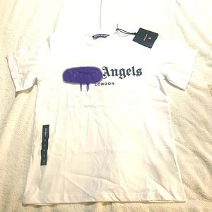 Men’s Palm Angels Sprayed London T-Shirt in white/purple sz Small.
